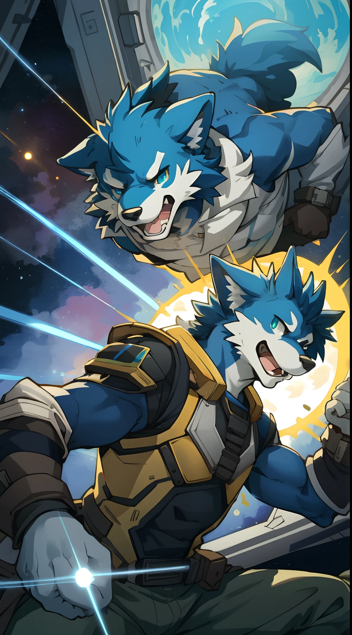 highres, top-quality, bestquality, Paid prizes available, high quality illustration, Unbeatable masterpiece(Battle film of spaceship interiors)Star Ocean, Cosmic Costume, 6+Boy, 6+youthful(furry anthro:1.7)Absurd(Beautiful faces and eyes are highly detailed.)perfect anatomy, expression, caustics, Dynamic lighting, lens flare, Deep Shadows, assorted poses, dynamic angle,