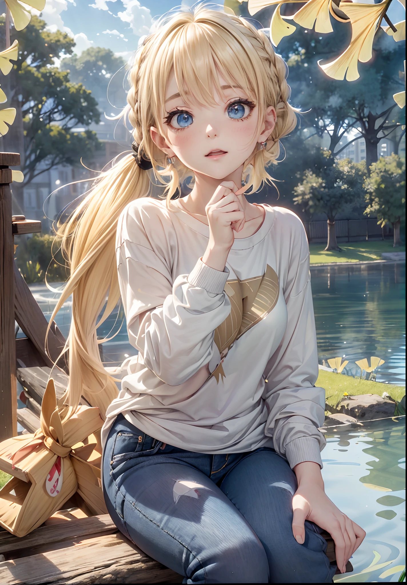 absurderes, ultra-detailliert,bright colour, (1girl in:1.4),(Very beautiful ginkgo trees and lakes:1.5),extremely beautiful detailed anime face and eyes,(happy smail:1.6),asymmetrical bangs, (Blonde hair with short twin tails:1.5), Shiny hair, (Looking Up:1.7),(From Side:1.5),Blue_skyporn, built, cliff, ​​clouds, cloudy_skyporn, tag, the woods, Grassy, lake, lens_f lare, mont, naturey, plein air, Tree Road, landscapes, Skysky, Sunlight,The tree, tree_Shade, Eau, (Tight jeans:1.3), (Black Design Long T-Shirt:1.4), (Sit back and look up at the sky:1.6),(Deep Blue Eyes:1.3),depth of fields, Delicate beautiful face, red blush、White skin, hair clips, earrings,