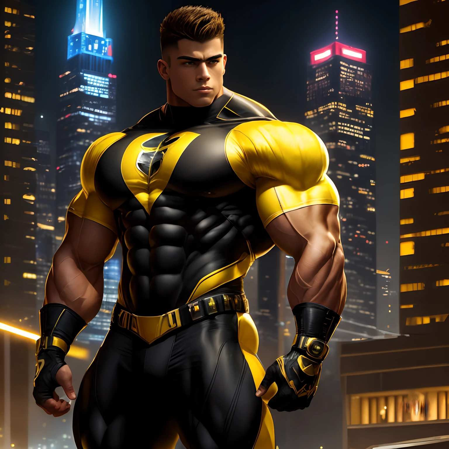 ((Extremely realistic shadows, Masterpiece, extremely detailed, photorealistic)) A ager at 18 years old (Mexican ethnicity) Carr, muscular thighs, bulging neck. Tanned skin massive muscular bodybuilder, red hair, military haircut, tight clothing, body full of muscles; ripped abs, V-shaped body, thick waist, long legs, strong arms. City background, skyscraper, futuristic city, night, stars, night lights, Superhero, hero, bodysuit, massive muscles, huge pecs, chiseled ABS, huge pecs, exaggeratedly huge muscles. A young hero whose presence inspires trust and respect. (((His hero suit is black and yellow)