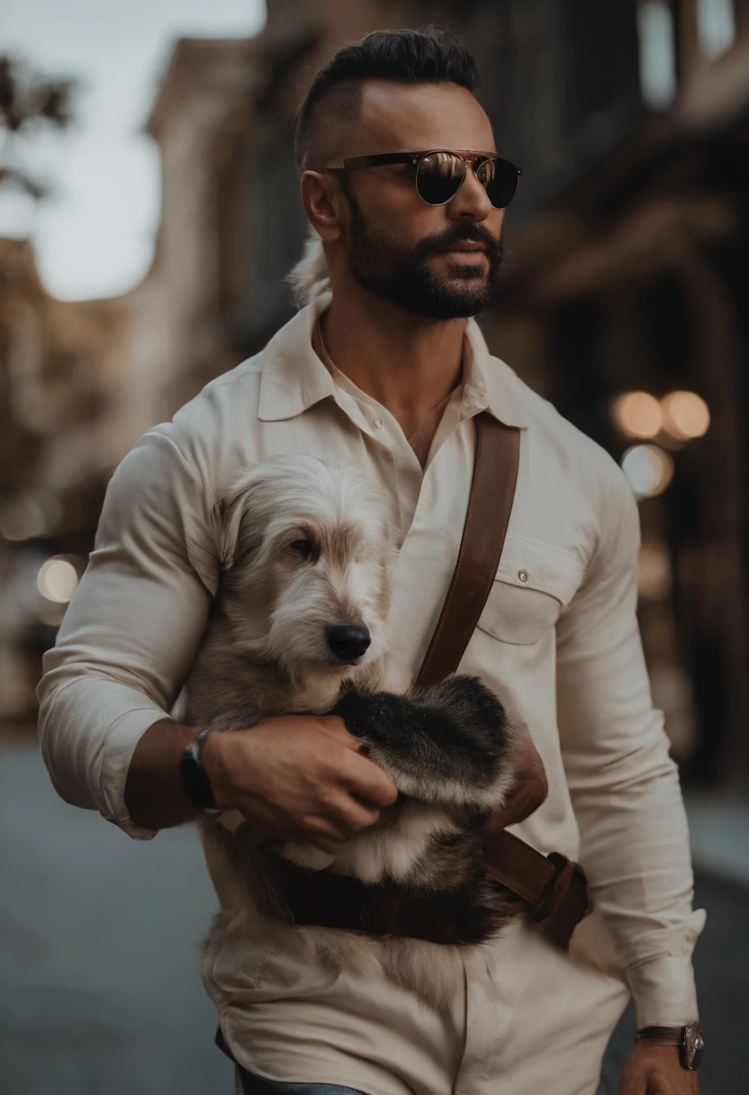 Homem com seus 35 anos mulato completamente careca e sem barba, with manly biotype, Wearing an aviator-style prescription glasses, passeando na rua com seu lobo adulto de pelo todo branco e olhos azuis. He's excitedly petting his wolf, mostrando a sua felicidade.