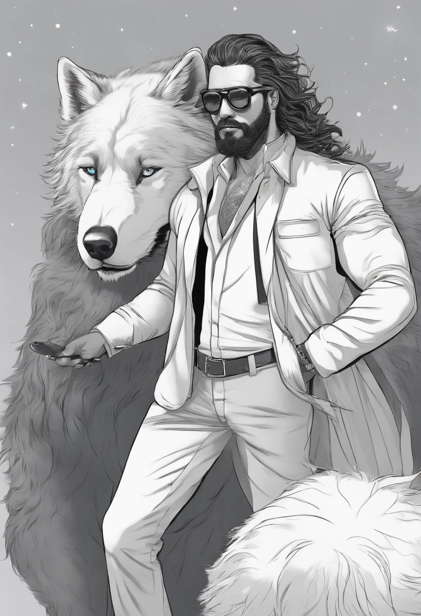 Homem com seus 35 anos mulato completamente careca e sem barba, with manly biotype, Wearing an aviator-style prescription glasses, passeando na rua com seu lobo adulto de pelo todo branco e olhos azuis. He's excitedly petting his wolf, mostrando a sua felicidade.