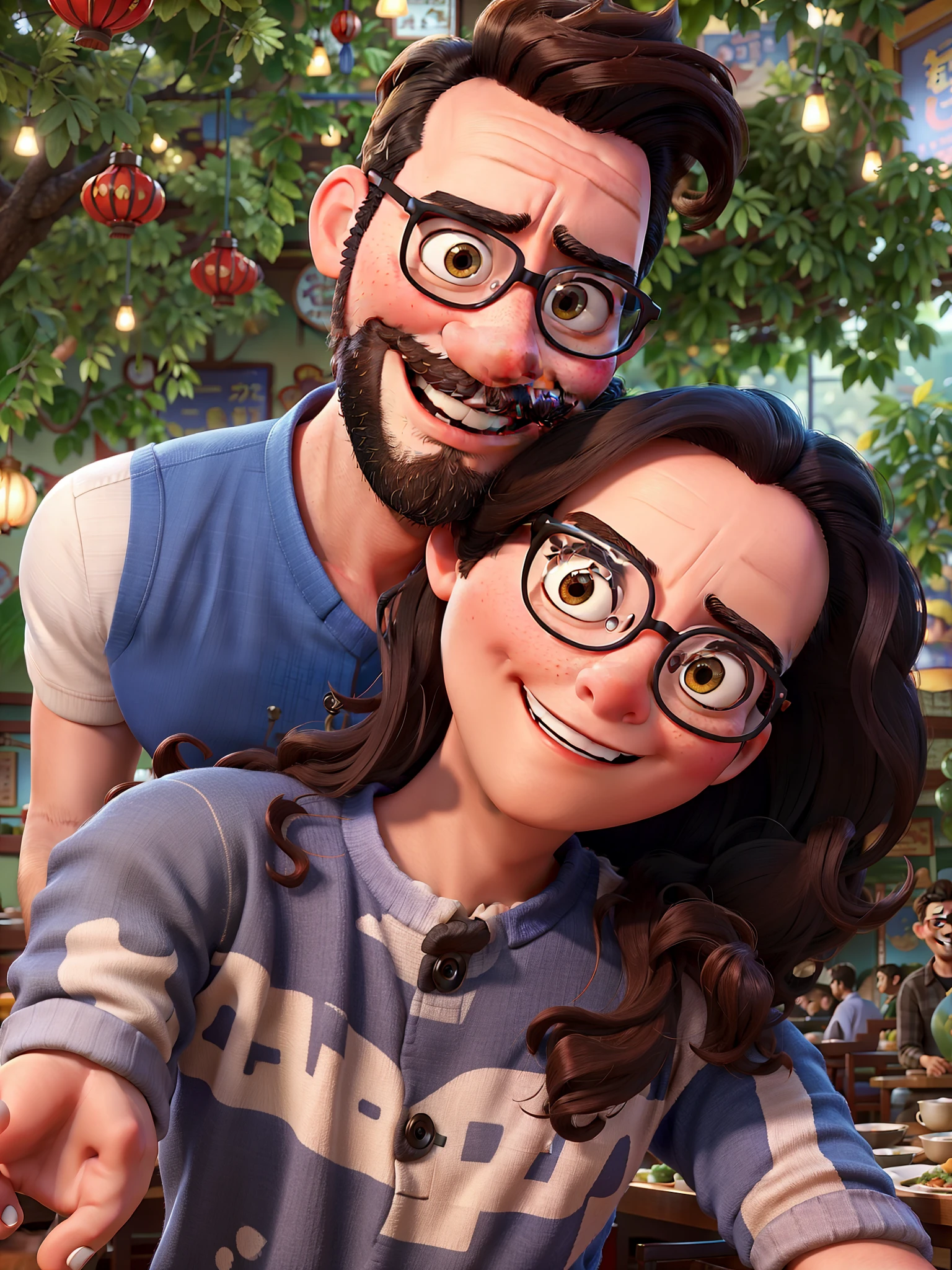 Pixar movie poster of a couple of young lovers taking a picture in Chinese restaurant. A menina tem cabelos claros e olhos castanhos, o menino tem bigode, Beard and glasses