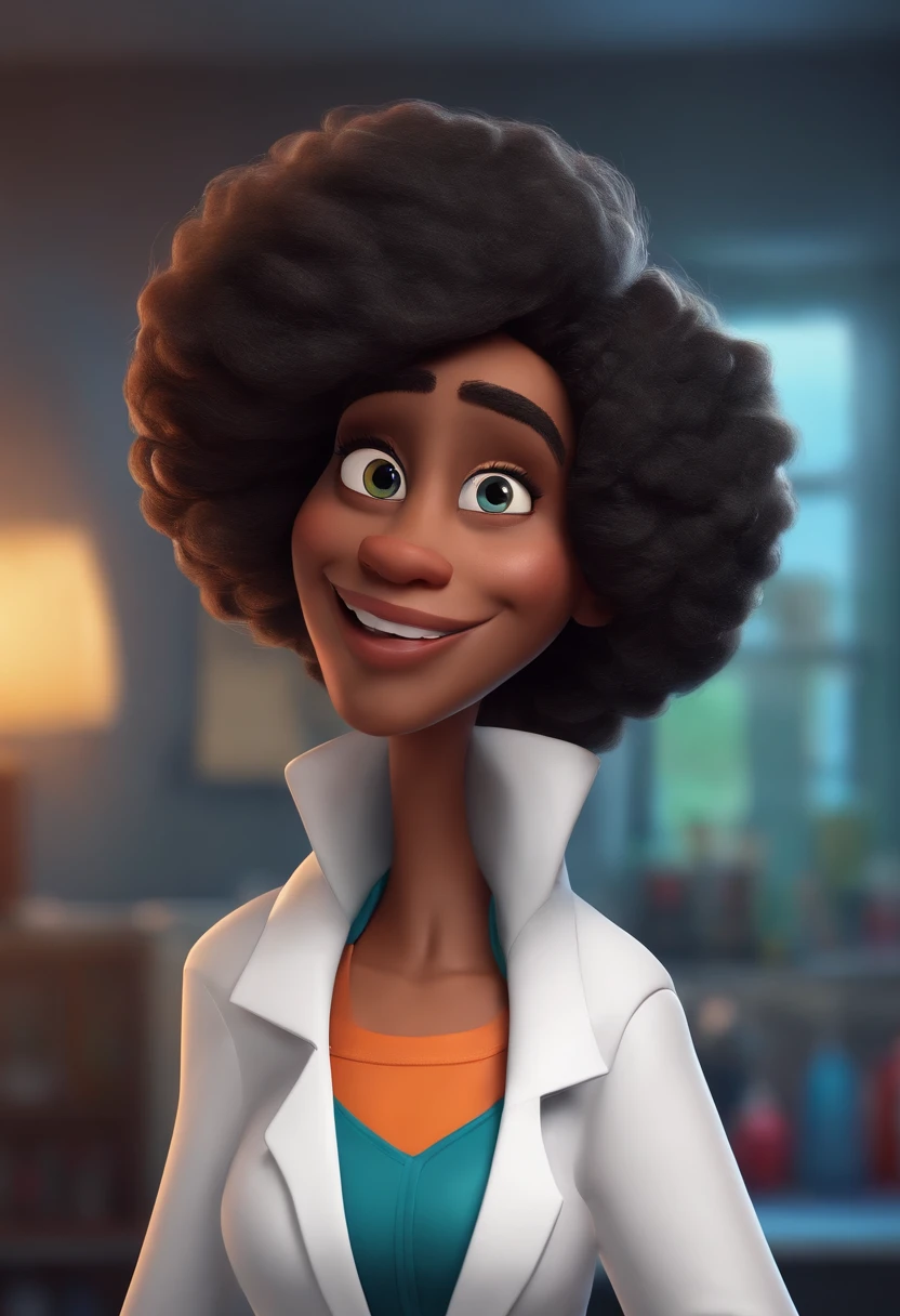 Create a pixar-style character inside a lab coat. Personagem negro rosto longo e fino, cabelos curto preto olhos pretos, usando jaleco