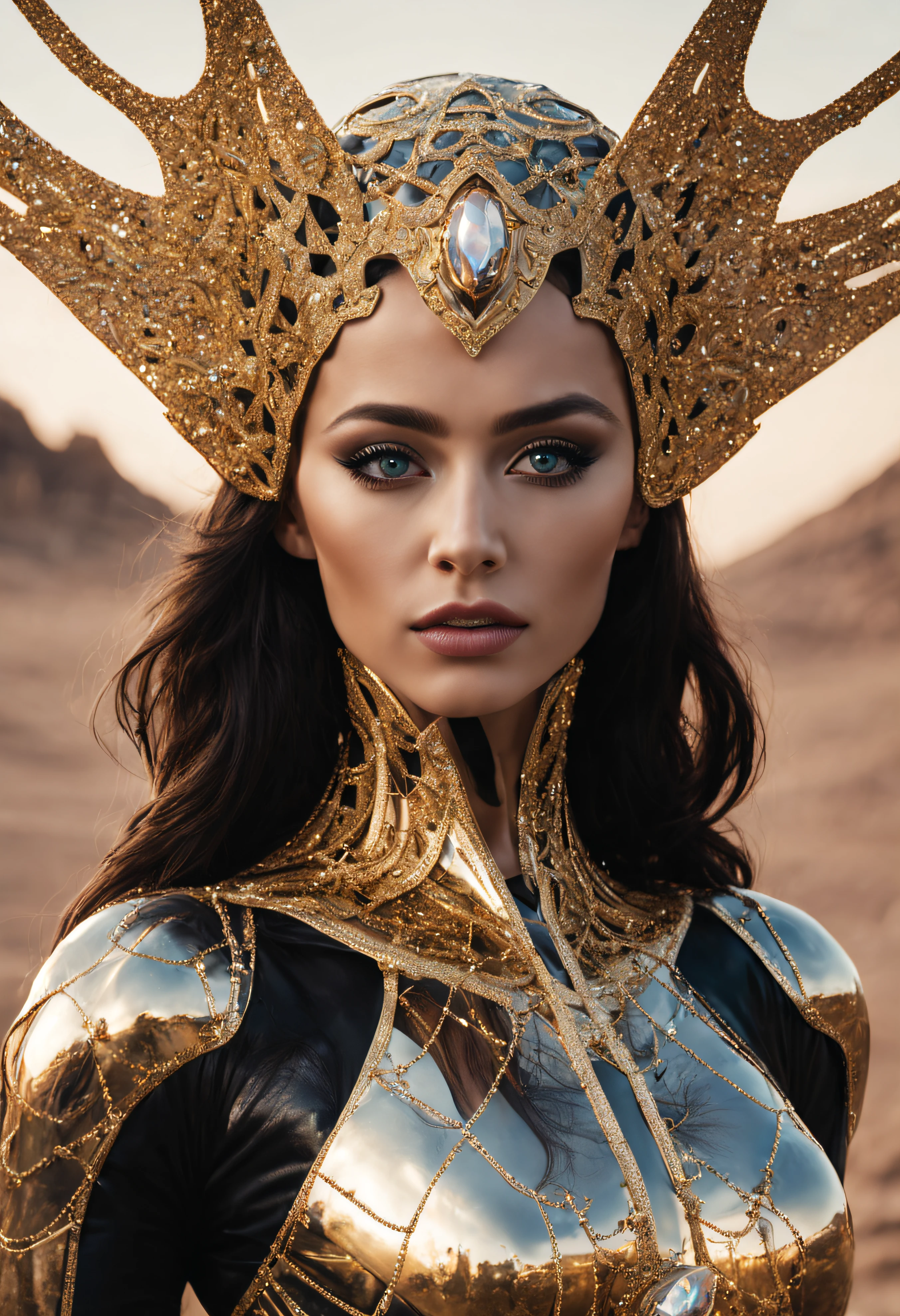 mujer alienigena extraterrestre, considerada como una de las razas mas bellas de la galaxia, con una cara, ojos y labios sensuales, con vestido de noche , con incrustaciones de oro, piedras preciosas y diamantes, se encuentra en centro de control de estacion espacial. hiperrealista, imagen nitida, 8k. imagen cinematografica.