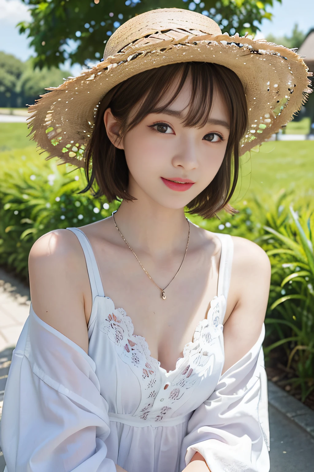 Look here and smile、Colorful summer clothes、top-quality、masterpiece、超A high resolution、(realisitic:1.4)、Very wide lens、a closeup、Beautiful young woman、Beautiful detail eyes and skin、ssmile、Brown short-cut hair、Petite bust、Small necklace、、a straw fedora hat、、Summer sky、