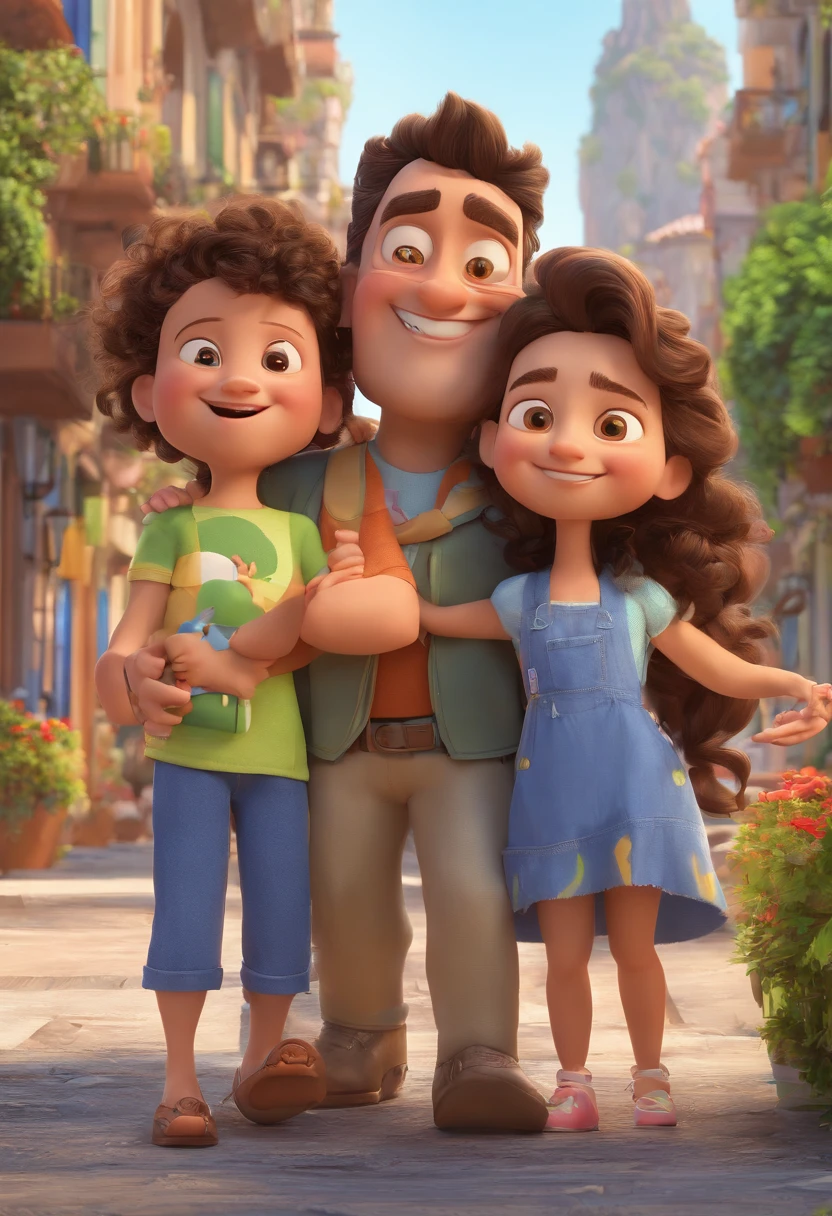 Estilo Pixar: Familia, A brunette father with short dark brown hair and a strong physique with a blown left ear like a fighter, Fair-skinned mother with long light brown hair and dress and twin girls . Uma de 2 anos com o cabelo na cor castanho claro e a outra com 2 anos e com cabelo na cor castanho escuro. Com o fundo no rio de janeiro, with the name Pixar film style written Ceciliano Oliveira family.
