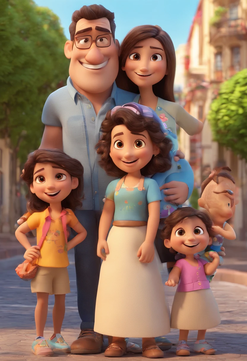 Estilo Pixar: Familia, A brunette father with short dark brown hair and a strong physique with a blown left ear like a fighter, Fair-skinned mother with long light brown hair and dress and twin girls . Uma menina de 2 anos com o cabelo na cor castanho claro e a outra com 2 anos e com cabelo na cor castanho escuro. Com o fundo no rio de janeiro,  with the name Pixar film style written Ceciliano Oliveira family.