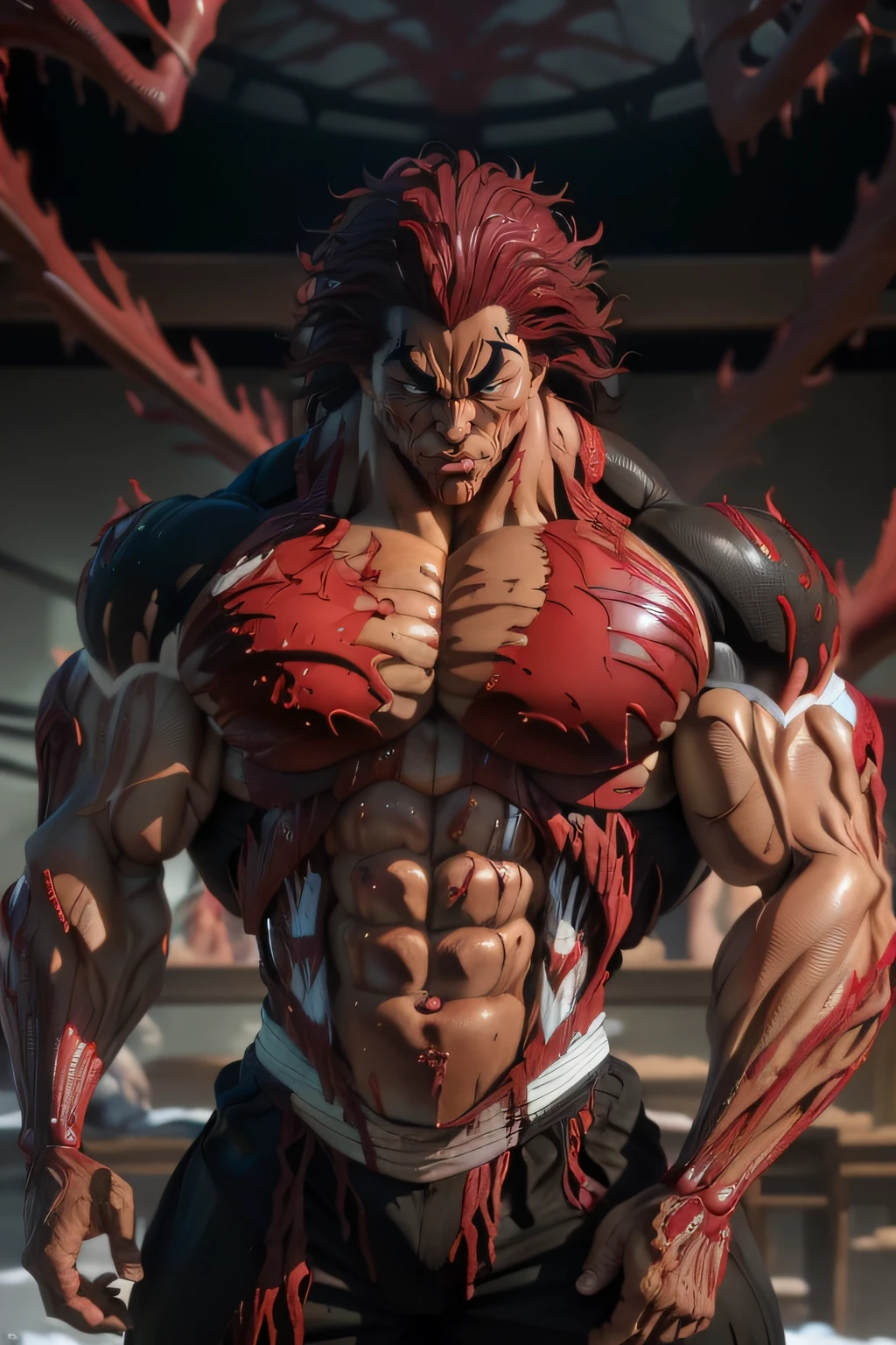 Yujiro Hanma, red hair, see viewer, (carnage physique:1.5), (covered in thick muscle suit:1.5), (exposed perfect anatomy:1.5), (carnage muscle anatomy:1.5), high detail, best quality, masterpiece, finely detail, realistic skin texture, 85 mm art lens, f 1.2, sharp focus, 8 k high definition, insanely detailed, intricate, snow background