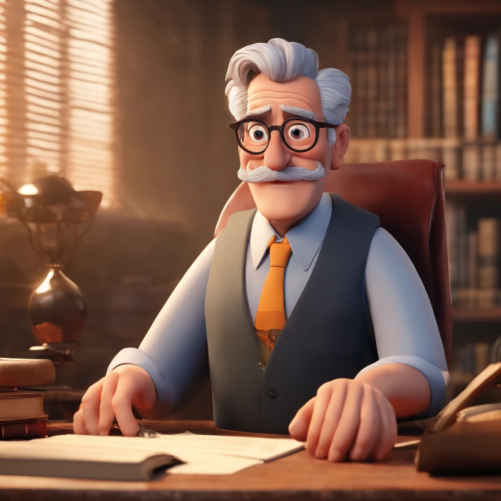 Crie um cartaz inspirado na Disney Pixar com o personagem sendo o pastor Rubens Janier, A gray-haired man wearing glasses, in an office with a Bible on the table, Looking forward and serious