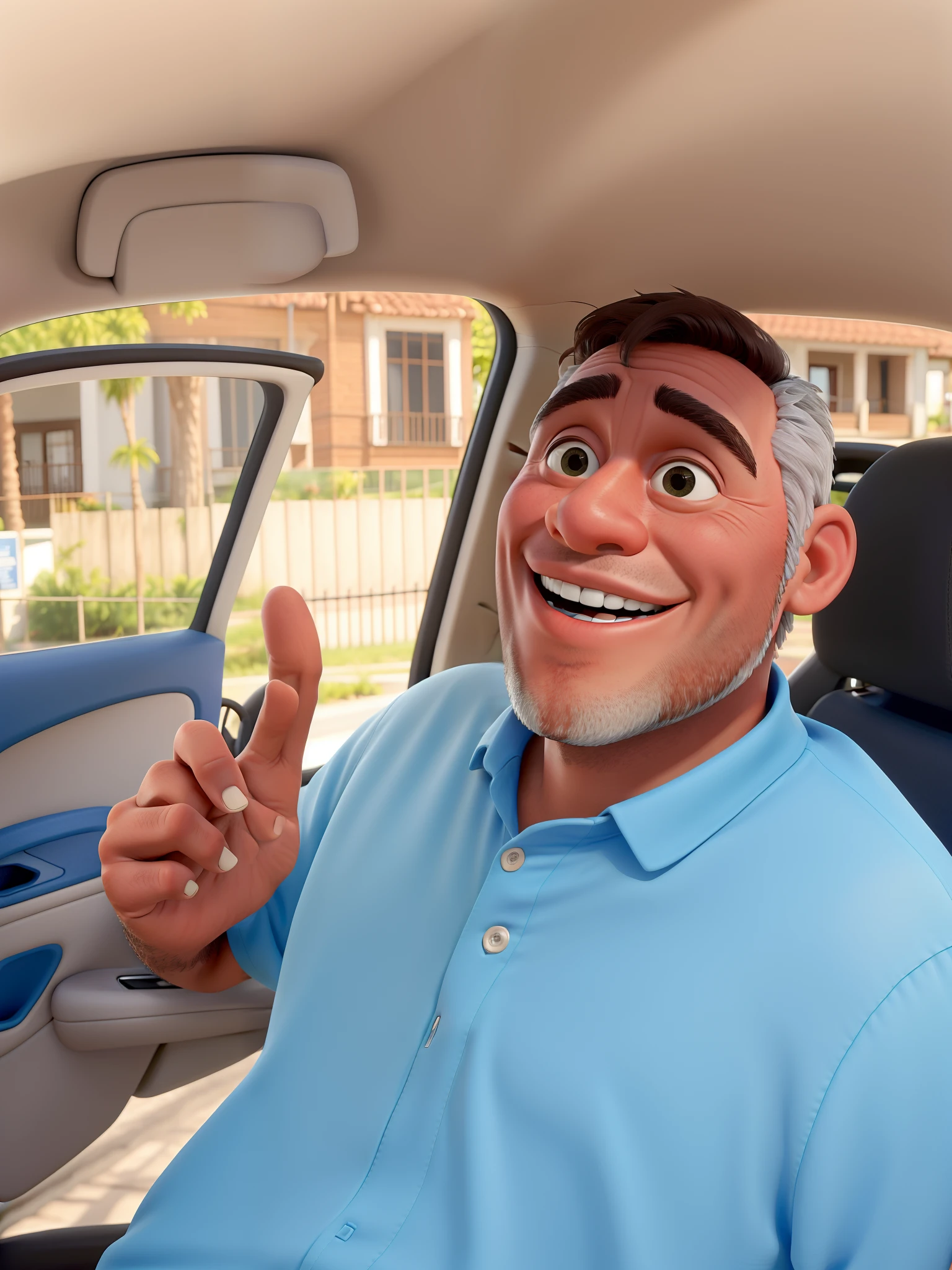 Senhor idoso, calvo, sorrindo , fazendo sinal de positivo , de camiseta azul dentro de um carro