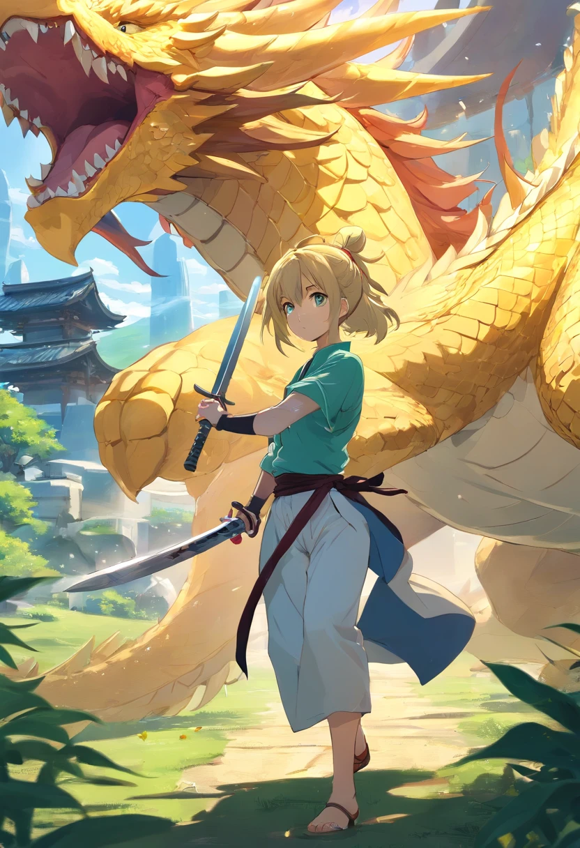 Female character carrying a sword fighting a dragon,The image must be generated from behind the character so that you can see her entire body and in front of her the dragon, The golden dragon with some scars, The environment consists of a lawn and stones, tanya, short blonde hair with ponytail,