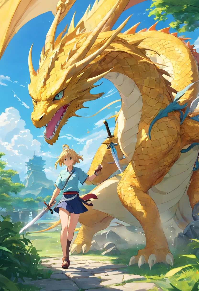 Female character carrying a sword fighting a dragon,The image must be generated from behind the character so that you can see her entire body and in front of her the dragon, The golden dragon with some scars, The environment consists of a lawn and stones, tanya, short blonde hair with ponytail,