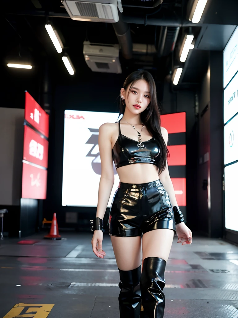 A woman wearing a black top and black lederhosen poses for a photo, Bra and shorts streetwear, jisoo from blackpink, tzuyu from twice, Sexy style, wearing leather swim suite, Cyberpunk 2 0 y. o model girl, full-body xianxia, wearing cyberpunk streetwear, korean women's fashion model, wearing black latex clothing, cyberpunk style outfit, Cyberpunk costumes