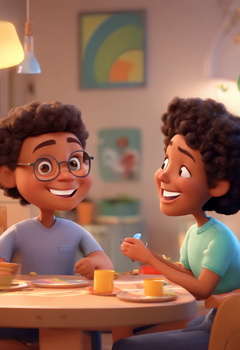 An illustration of an adorable couple, Highlight for a chubby mulatto man with smiling glasses and a brunette woman with beautiful expressive eyes - the man's skin is mulatto and the man's hair has, while the woman's skin is black and the woman's hair is straight and brown. They are a bright room, cada um com um sorriso no rosto, e compartilhar um momento especial caracterizado pelo amor, Insights. Illustrate this scene from a perspective where they are facing the camera, Smiling and Showing Your Connection. Desenvolva esta arte em Full HD, Focus on your cinematic touch, Estilo Disney Pixar Animations