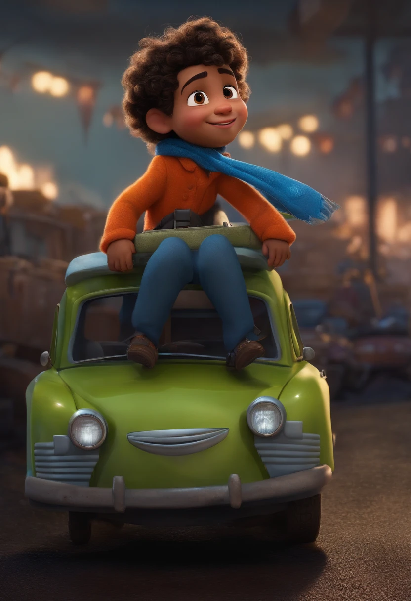 Um filme inspirado na Disney Pixar ( NEGRO JOVEM COM CABELO CACHEADO PRETO) dentro A cena estar na arte distinta do estilo PIXAR, policial