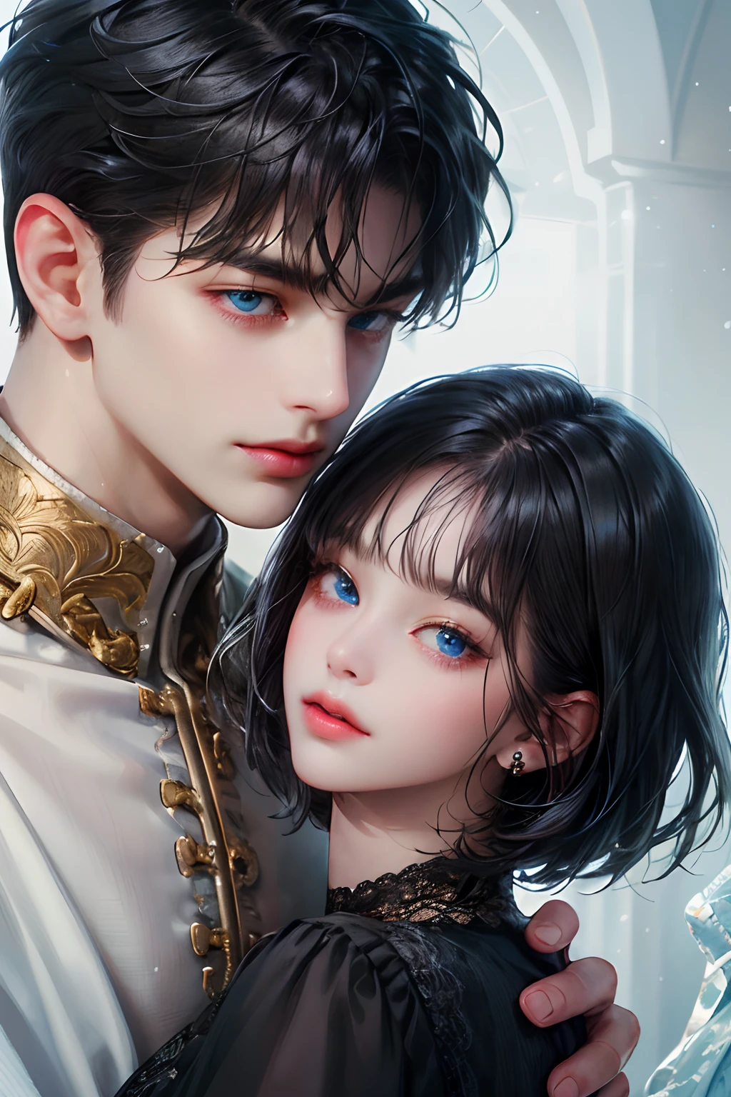 (absurdly , high quality , masterpiece , ultra detailed), ( detailed to hand ) (detailed to eyes) (detailed to face) , couples, 1 man (short black Quiff hair with Soft Fringe, bangs part on side 3:7 ratio) and 1 woman (short black hair with fringe) love ,pretty eyes (blue eyes) , black hair, fantasy, detailed background, soft light