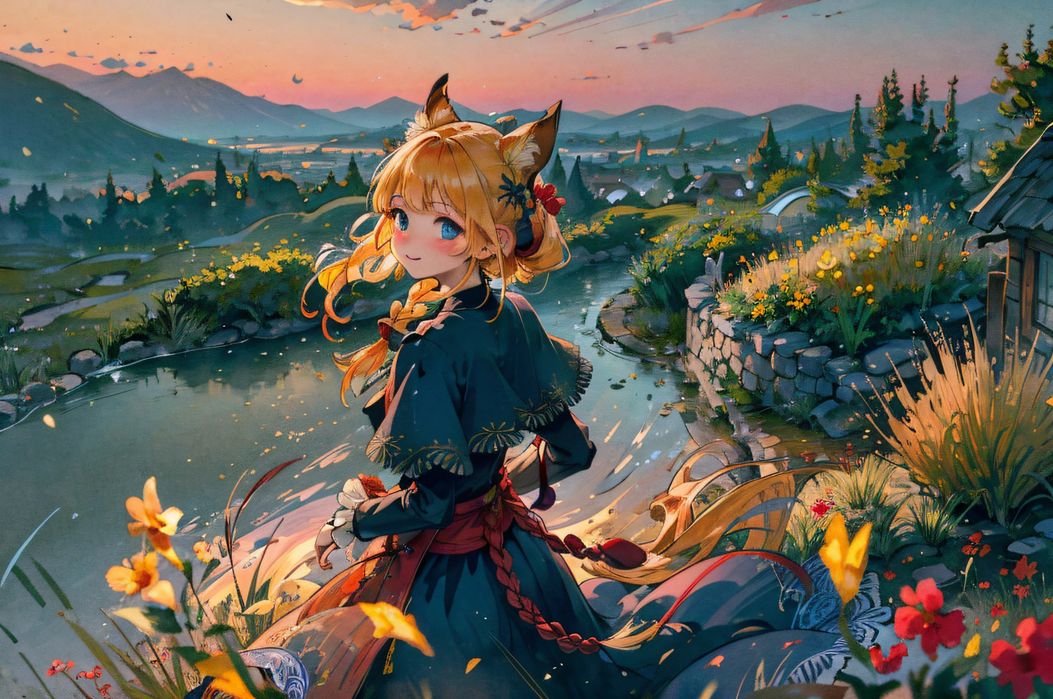 top-quality, ​masterpiece, ighly detailed, Detailed fantasy backgrounds, 1girl in, the witch、独奏, Yellow hair, blue eyess, Braids, length hair, hair wavy, fluffy hair, poneyTail, french braids, red blush, A smile, Capelet, lace-trim, Bodice, evening, landscapes, high place, Horizon, the wind, the wind, blows wind, flowerbed, looking at the viewers, depth of fields, bokeh dof