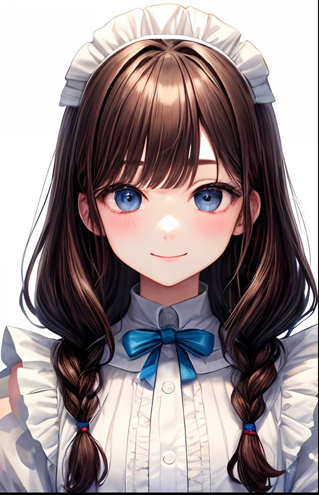 girl with、No background、without background、Background through、Brown hair color hair、The long-haired、long、Braiding、Subject bangs、Pattsun bangs、Aligned bangs、Sareme、drooping eyebrows、Takuambi、Marovi、Round eyebrows、Eye color is light blue、Blue eyes、embarrassed、Embarrassing、White Dress、White Maid Clothes、frilld、Maids、kawaii、Smiling、A smile、childish、No background