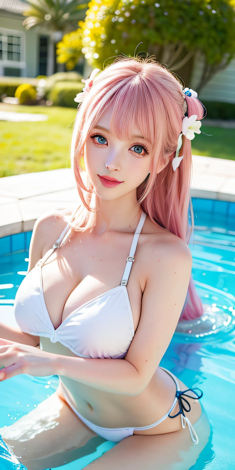 (8K, 4K, Best Quality, High Definition: 1.2), (Masteristic, Realistic, Photoreal: 1.37), 1 girl, Solo, Beautiful face, blue eyess、Eyelashes, Nose, Glossy lips, (Fine eyes, Beholder, Fair skin, White skin: 1.5), fine complexion, Upper body, Swimsuit, maikurobikini、Patterned Bikini
big, Big, (: 1.5),
outdoor bath,
ridiculously long hair, Blonde hair, Pink hair, Bangs, 2 sides up,
年轻, old, The shape of the fingers is beautiful, Areola visible