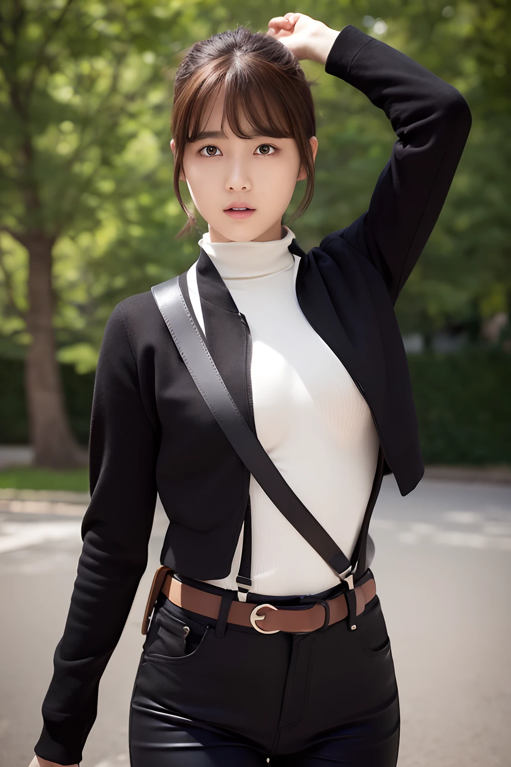 ​masterpiece、flat-colors、depth of fields、lens flare 1 girl、、Brown hair、watching at viewers　　　　a belt　black suspenders　　　large full breasts　　　 　 Armpit sweat　perspiring　Side of both hands　　walls: 　Black pants, Black jacket holster　arm　Leg holster　　　arma　Gaze　　　Small face　Bangs Upper Eyes　flank