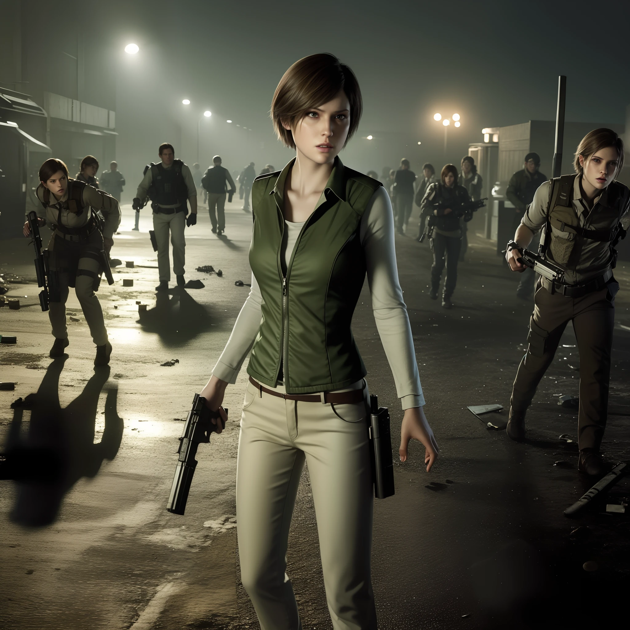 beautiful face, glare, short bob brown hair, perfect face, Rebecca chamber from resident evil, white jeans, green vest, holding a gun