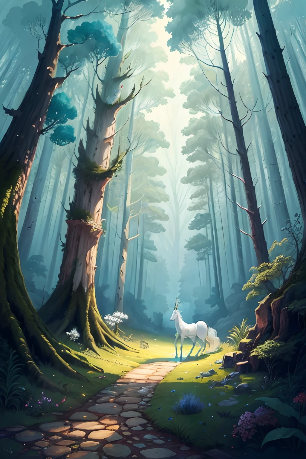 Draw 10 illustrations for a fairy tale about a unicorn and a princess, Who fell into the enchanted forest.