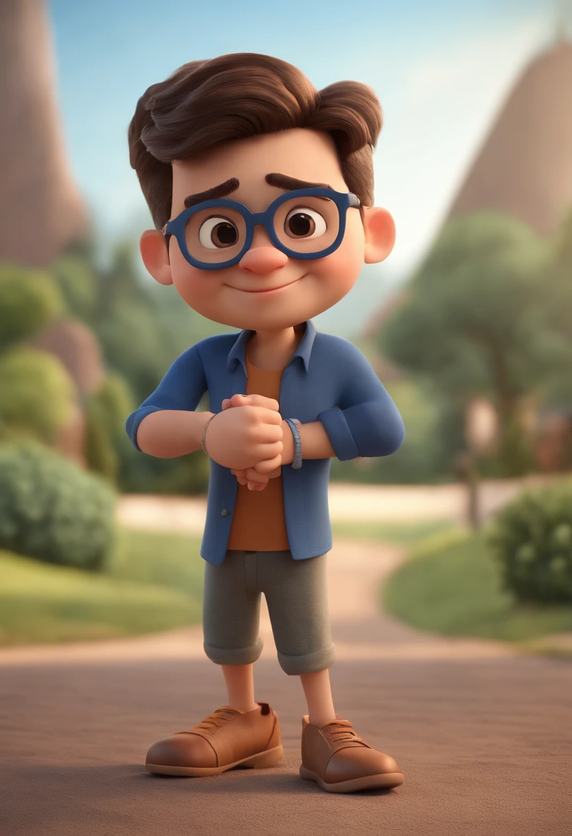 Cartoon character of a man wearing black glasses and a blue shirt, um personagem animado, Caractere estilizado, animation style rendering, 3D estilizado, Arnold Maya render, 3 d render stylized, toon render keyshot, Personagem 3D, Personagem 3D, 3d rendering stylized, 3 d character render, personagem de desenho animado, Personagem de close up, Pose de personagem, (Estilo Pixar) (master part:1.2) (Bokeh) (best quality) (pele detalhada) (textura detalhada) (8k) (argila) (Cinematic lighting) (foco nítido,Senta e vaza a parte superior do corpo