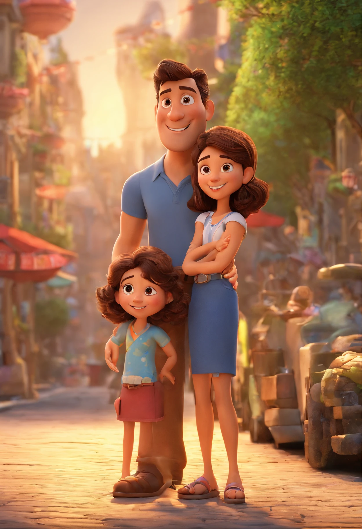 Estilo Pixar: Familia, A brunette father with short dark brown hair and a strong physique with a blown left ear like a fighter, Fair-skinned mother with long light brown hair and dress and twin girls . Uma menina de 2 anos com o cabelo na cor castanho claro e a outra com 2 anos e com cabelo na cor castanho escuro. Com o fundo no rio de janeiro,  with the name Pixar film style written Ceciliano Oliveira family.