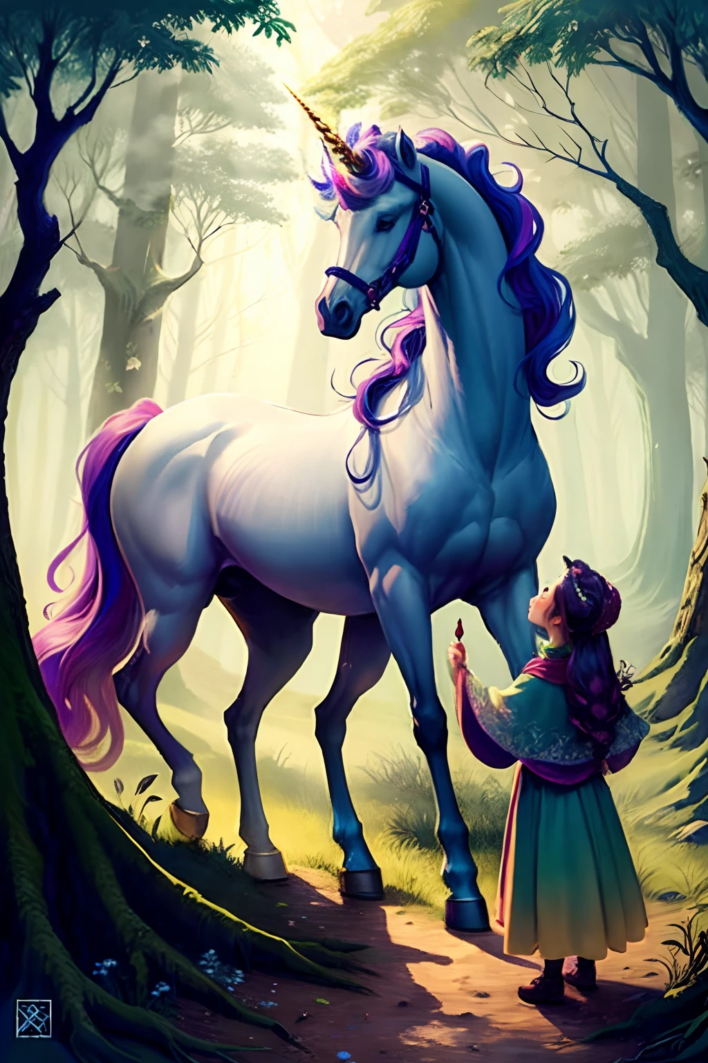 Draw 10 illustrations for a fairy tale about a unicorn and a princess, Who fell into the enchanted forest.