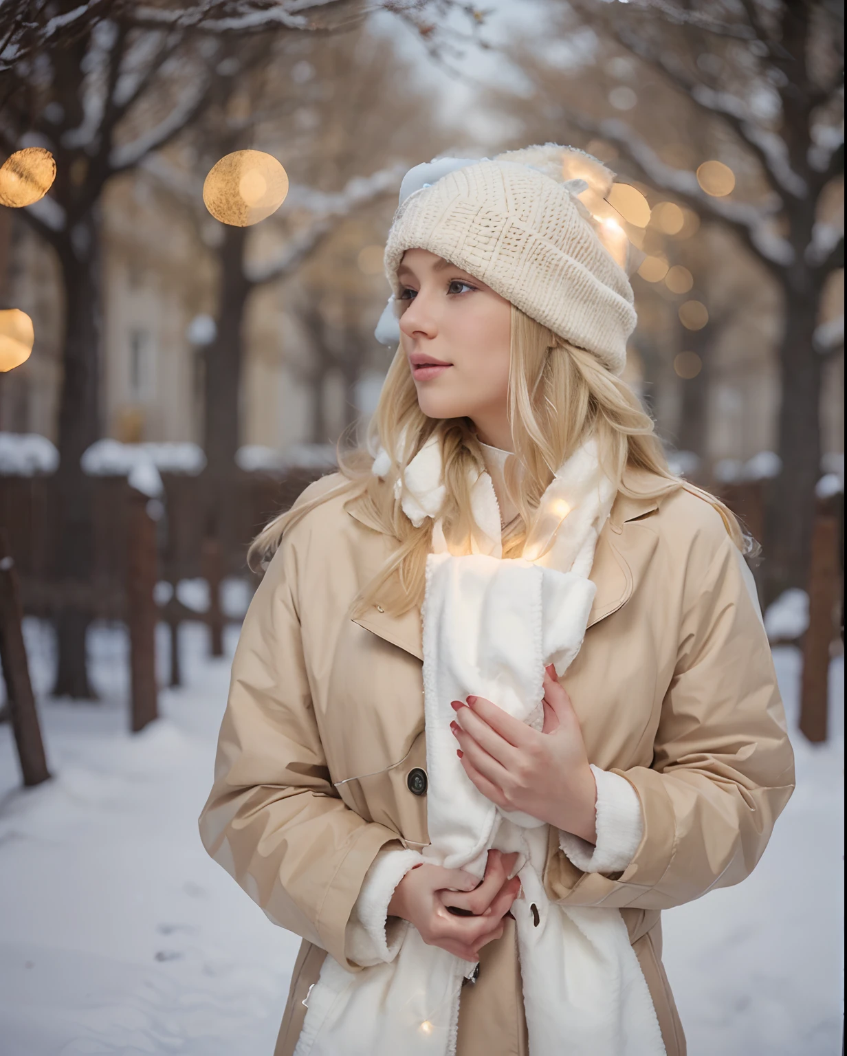 winter, New Year's decorations, scenery artwork, Garland, blonde with blonde hair