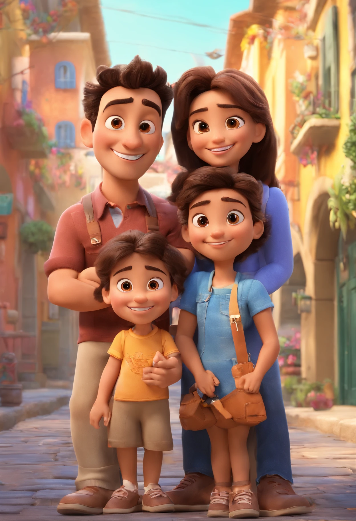 Estilo Pixar: Familia, A brunette father with short dark brown hair and a strong physique with a blown left ear like a fighter, Fair-skinned mother with long light brown hair and dress and twin girls . Uma menina de 2 anos com o cabelo na cor castanho claro e a outra com 2 anos e com cabelo na cor castanho escuro. Com o fundo no rio de janeiro,  with the name Pixar film style written Ceciliano Oliveira family.