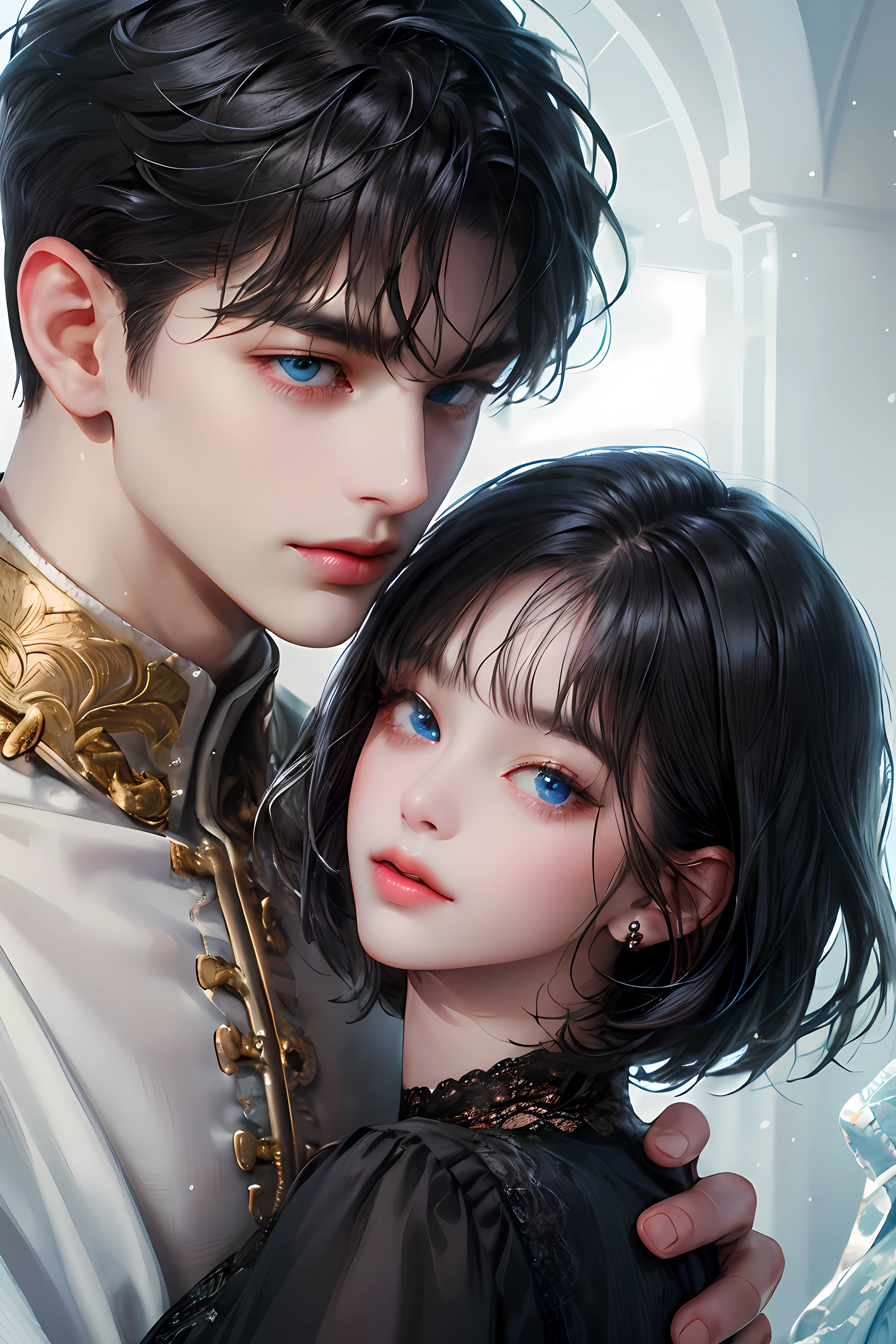 (absurdly , high quality , masterpiece , ultra detailed), ( detailed to hand ) (detailed to eyes) (detailed to face) , couples, 1 man (short black Quiff hair with Soft Fringe, bangs part on side 3:7 ratio) and 1 woman (short black hair with fringe) love ,pretty eyes (blue eyes) , black hair, fantasy, detailed background, soft light