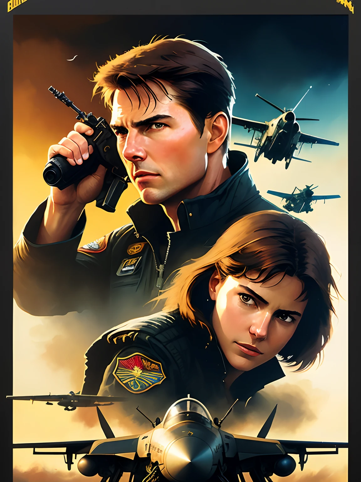 Tom Cruise of Top Gun, vhs effect, (poster: 1.2), poster on the wall, nostalgia, movie poster, (skin texture), intricately detailed, fine details, hyperdetailed, ray tracing, subsurface scattering, diffuse soft lighting, F-14 Tomcat airplanes detailed in the background, shallow depth of field, by (Oliver Wetter) majestic professional oil painting by Ed Blinkey, Atey Ghailan, Studio Ghibli, by Jeremy Mann, Greg Manchess, Antonio Moro, trend at ArtStation, trend at CGSociety, Intricate, High Detail, Sharp focus, dramatic painting and photorealistic art of (greg rutkowski:1.4), bokeh