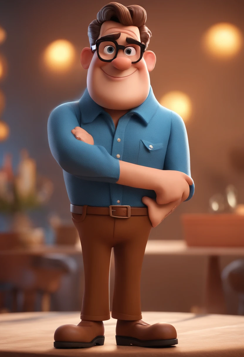 Cartoon character of a man with black glasses and a blue shirt, animation character, Caractere estilizado, animation style rendering, 3D estilizado, Arnold Maya render, 3 d render stylized, toon render keyshot, Personagem 3D, Personagem 3D, 3d rendering stylized, 3 d character render, personagem de desenho animado, Personagem de close up, Pose de personagem, (Estilo Pixar) (master part:1.2) (Bokeh) (best quality) (pele detalhada) (textura detalhada) (8k) (argila) (Cinematic lighting) (foco nítido