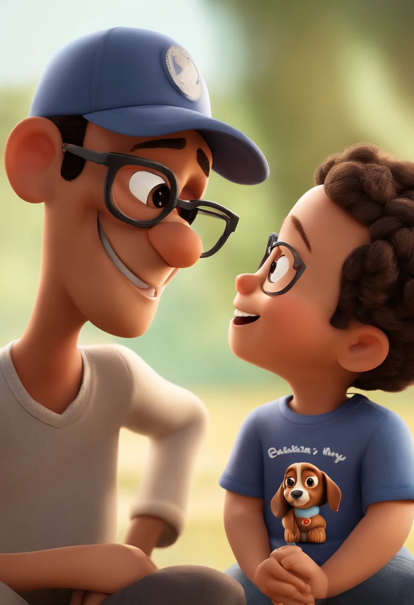 Pixar. Casal com um filhote de cachorro beagle marrom. A menina tem os cabelos loiros amarrados, Camiseta cinza e jeans claro, white glasses. O menino de cabelos pretos com cabelos grisalhos, barba pequena, oculos, Dark blue jeans and gray t-shirt. They are both smiling and are 40 years old