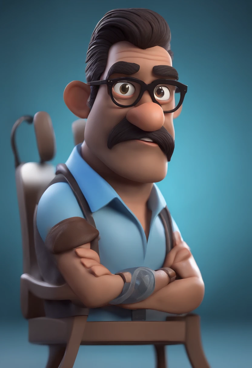 Cartoon character of a man with black glasses, cabelo curto marrom escuro, barba branca, rosto redondo e uma camisa azul, animation character, Caractere estilizado, animation style rendering, 3D estilizado, Arnold Maya render, 3 d render stylized, toon render keyshot, Personagem 3D, Personagem 3D, 3d rendering stylized, 3 d character render, personagem de desenho animado, Personagem de close up, Pose de personagem,  (Estilo Pixar) (master part:1.2) (Bokeh) (best quality) (pele detalhada) (textura detalhada) (8k) (argila) (Cinematic lighting) (foco nítido