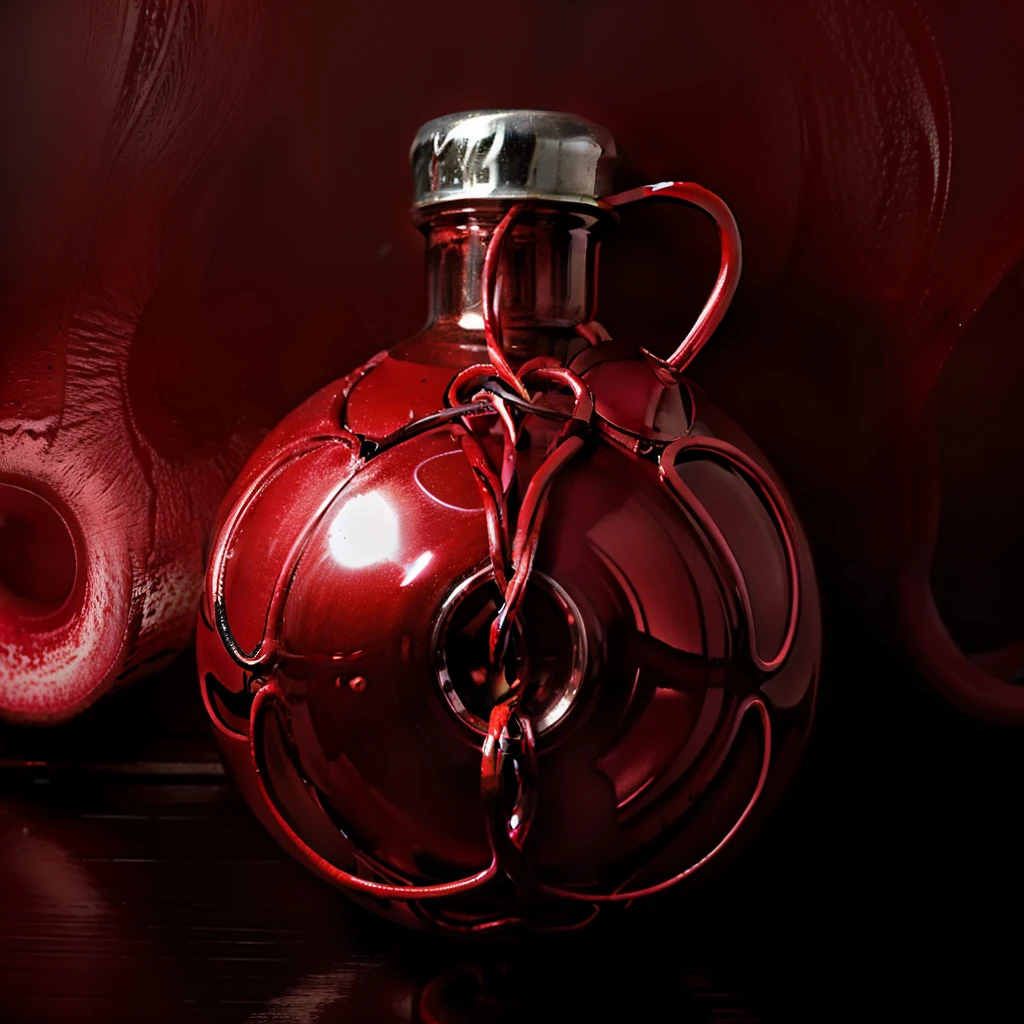 Magical,Round flask,red fluid,interiors,uterus,,Intertwined umbilical cords,Mystical