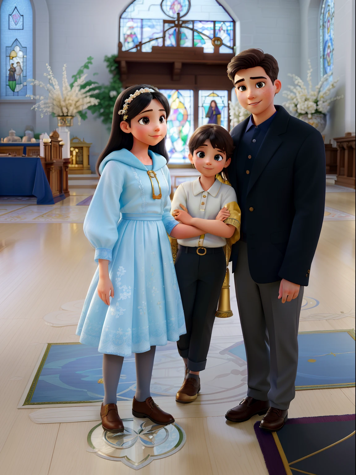 (best quality,4k,highres,masterpiece:1.2),ultra-detailed,realistic,portrait,painting,church scene,beautiful detailed eyes,beautiful detailed lips,lovely boy,cute young couple,peaceful atmosphere,candlelight,serene background,tall stained glass windows,soft golden light,traditional architecture,sacred space,sacred art,bright colors,family togetherness,religious ceremony,vibrant colors,reflective floors,tranquil space,quiet devotion,faith,warm and welcoming environment,sense of community,graceful poses,joyful expressions,happiness and love,traditional clothing,gentle smiles,devoted parents