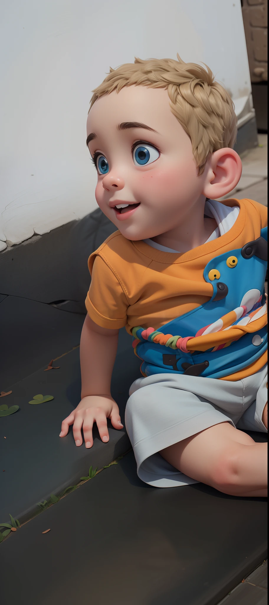 A Jornada dos Pequenos Exploradores: a happy boy sitting on the floor, na floresta, com uma pequena mochila azul nas costas, blusa amarela, bermuda preta, bota de trilha azul