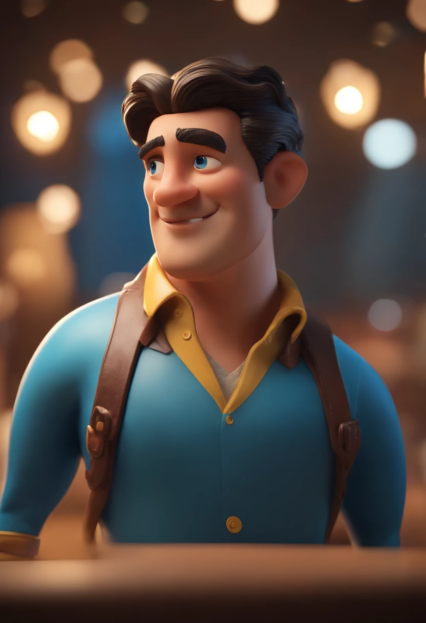 Personagem de desenho animado de um homem usando uma camisa azul, um personagem animado, Caractere estilizado, animation style rendering, 3D estilizado, Arnold Maya render, 3 d render stylized, toon render keyshot, Personagem 3D, Personagem 3D, 3d rendering stylized, 3 d character render, personagem de desenho animado, Personagem de close up, Pose de personagem,  (Estilo Pixar) (master part:1.2) (Bokeh) (best quality) (pele detalhada) (textura detalhada) (8k) (argila) (Cinematic lighting) (foco nítido