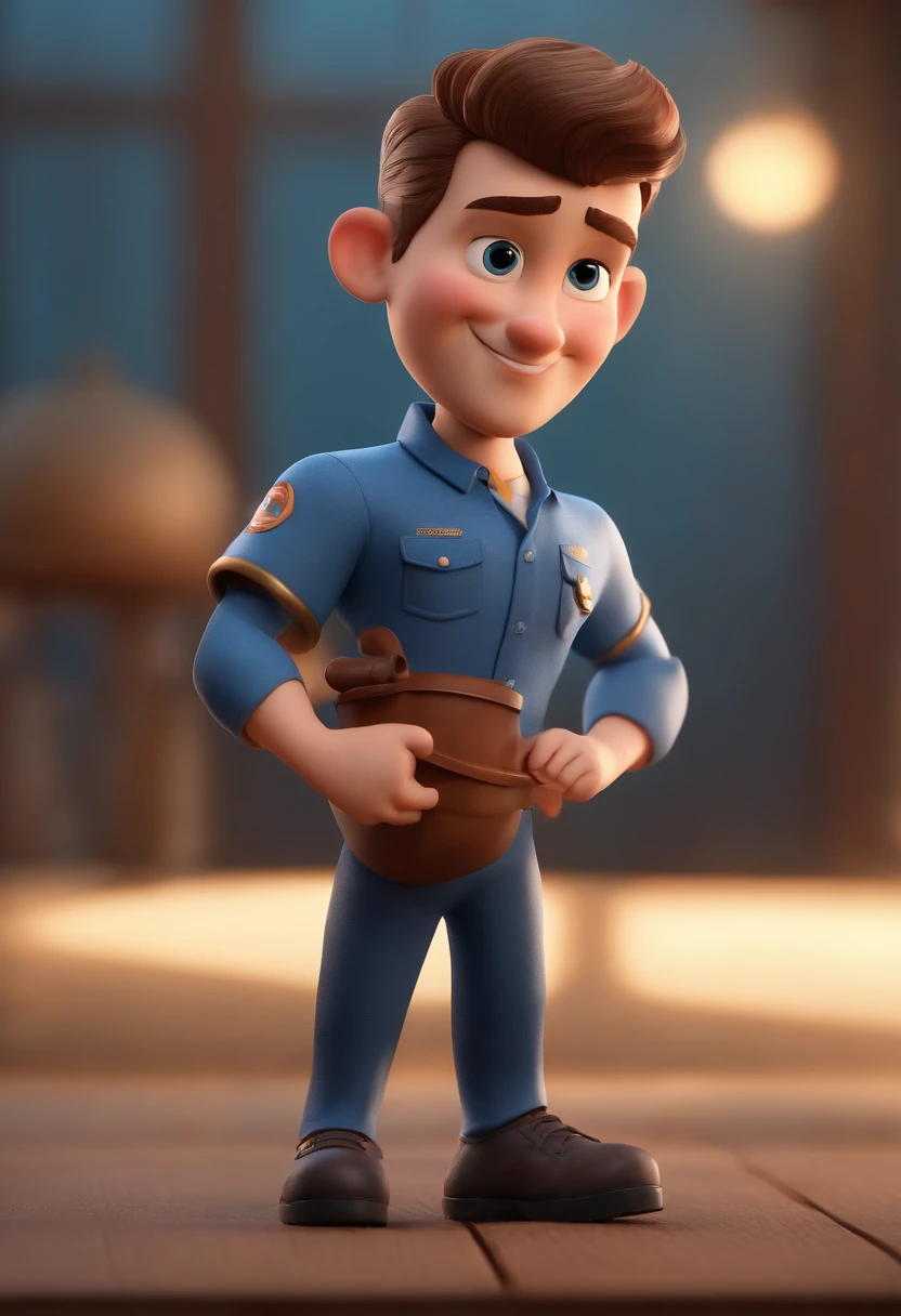 personagem dos desenhos animados de um homem com olhos pretos grandes, cabelo militar cinza e uma camisa azul, animation character, Caractere estilizado, animation style rendering, 3D estilizado, Arnold Maya render, 3 d render stylized, toon render keyshot, Personagem 3D, Personagem 3D, 3d rendering stylized, 3 d character render, personagem de desenho animado, Personagem de close up, Pose de personagem,  (Estilo Pixar) (master part:1.2) (Bokeh) (best quality) (pele detalhada) (textura detalhada) (8k) (argila) (Cinematic lighting) (Sharp focus with arms crossed