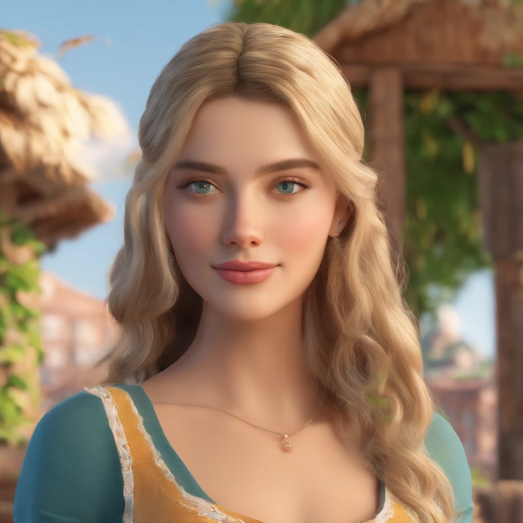 best quality, master part, Realistic photo, detalhes intrincados, Foto RAW, ultra detalhado, Young woman the old fashioned way, with peasant style dress, sem decotes, blonde hair, Detalhes perfeitos e olhos azuis, Caminhando em uma cidade velha, Qualidade HD, 8k, young  woman, 20 anos