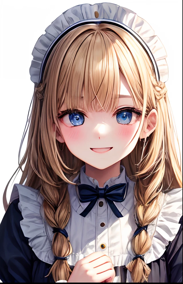 girl with、No background、without background、Background through、ocher hair、The long-haired、long、Braiding、Subject bangs、Pattsun bangs、Aligned bangs、Sareme、drooping eyebrows、Takuambi、Marovi、Round eyebrows、Eye color is light blue、Blue eyes、embarrassed、Embarrassing、White Dress、White Maid Clothes、frilld、Maids、kawaii、Smiling、A smile、childish、No background