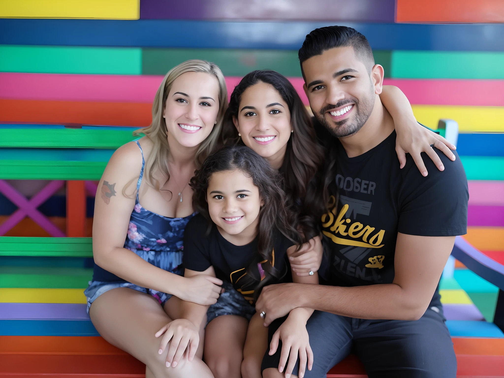 There are three people sitting on a bench with a colorful bench behind them, imagem de perfil, family portrait, Family photo, Directed by: David Ruby, foto de perfil, Postagem no Reddit, Happy family, Joel Torres, david rios ferreira, facebook post, imagem retrato, Directed by: Nandor Soldier, Malika Favre, Directed by: Juan O'Gorman