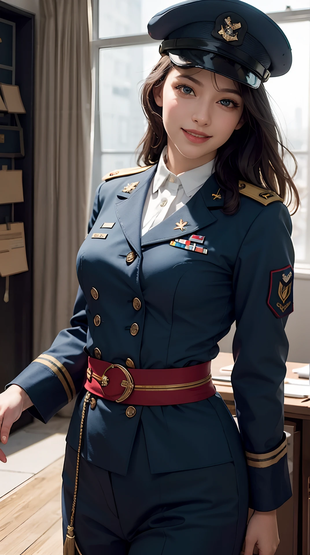 (best quality, 4k, 8k, high-res, masterpiece:1.2), ultra-detailed, (realistic, photorealistic, photo-realistic:1.37), (beautiful detailed eyes, beautiful detailed lips, extremely detailed eyes and face), studio lighting, physically-based rendering, vivid colors, (big tits, super big tits, super extra big tits:-0.2), ((waist)), (military or naval uniform, hat:1.37), (tricolor, blue & white & red), (soft lighting:0.8), (portrait, smile and laugh), (tactical command centre:1.5),