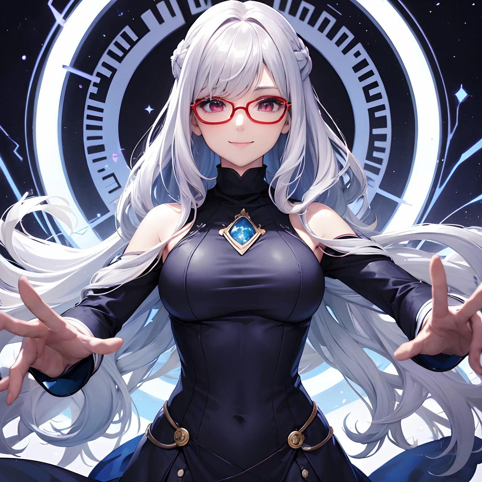 (((One lady))),(Fill transparent),closes mouth,Woman with glasses and blue turtleneck top, [[[[grinning evily]]]], cute slightly nerdy smile, (hightquality), silber hair,(Red Eye),Gapmoe Yandere, Silver-haired woman, portrait gapmoe yandere grimdark,The scholar,Sorcerer,half updo,Medium Hair,hair between eye,Wavy Hair,