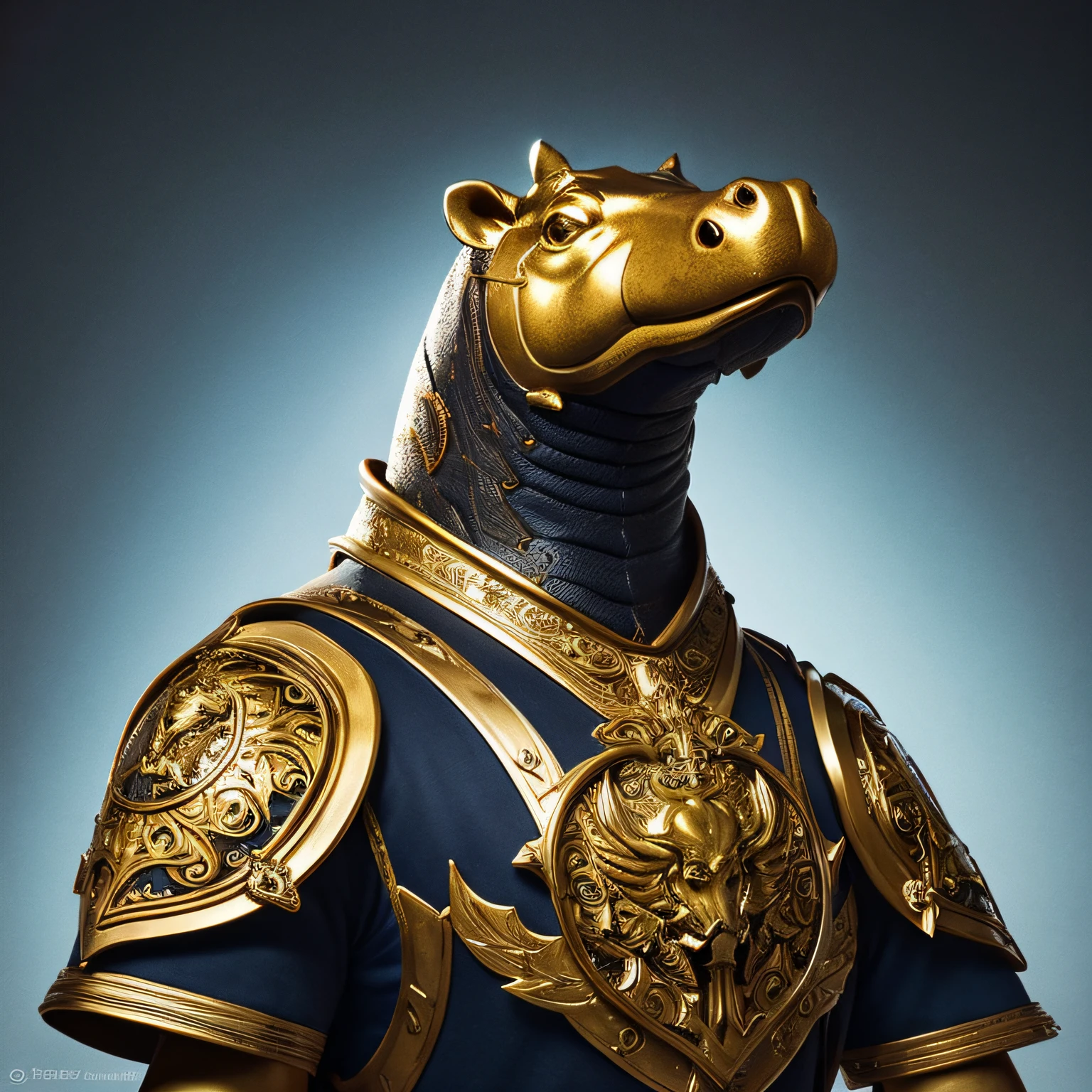 Create a striking image of a magnificent hippopotamus (commonly known as a 'kaba' in Japanese), adorned in an intricately designed suit of armor, inspired by the legendary 'Cloths' from Saint Seiya. The armor should be a testament to craftsmanship, symbolizing both strength and regal splendor. Pay meticulous attention to elaborate details, including ornate patterns, engravings, and embellishments.
The hippopotamus should exude an air of majesty, embodying the spirit of a formidable guardian. Its expression should convey nobility, strength, and a deep connection with its protective armor. The posture should reflect both power and grace, symbolizing a noble protector of the natural world.
Select a color palette that resonates with the hippopotamus's regal heritage, incorporating rich hues such as deep gold, royal blue, or shimmering silver to evoke a sense of royalty and power.
Ensure that the image captures the essence of a divine partnership between the hippopotamus and its armor, symbolizing valor, protection, and the indomitable spirit of a true guardian.
Refine this image through 100 iterations, elevating each version to achieve unparalleled quality and visual impact. The final result should be a breathtaking portrayal of a hippopotamus in resplendent armor, transcending the boundaries of myth and reality, and setting a new standard for artistic excellence.