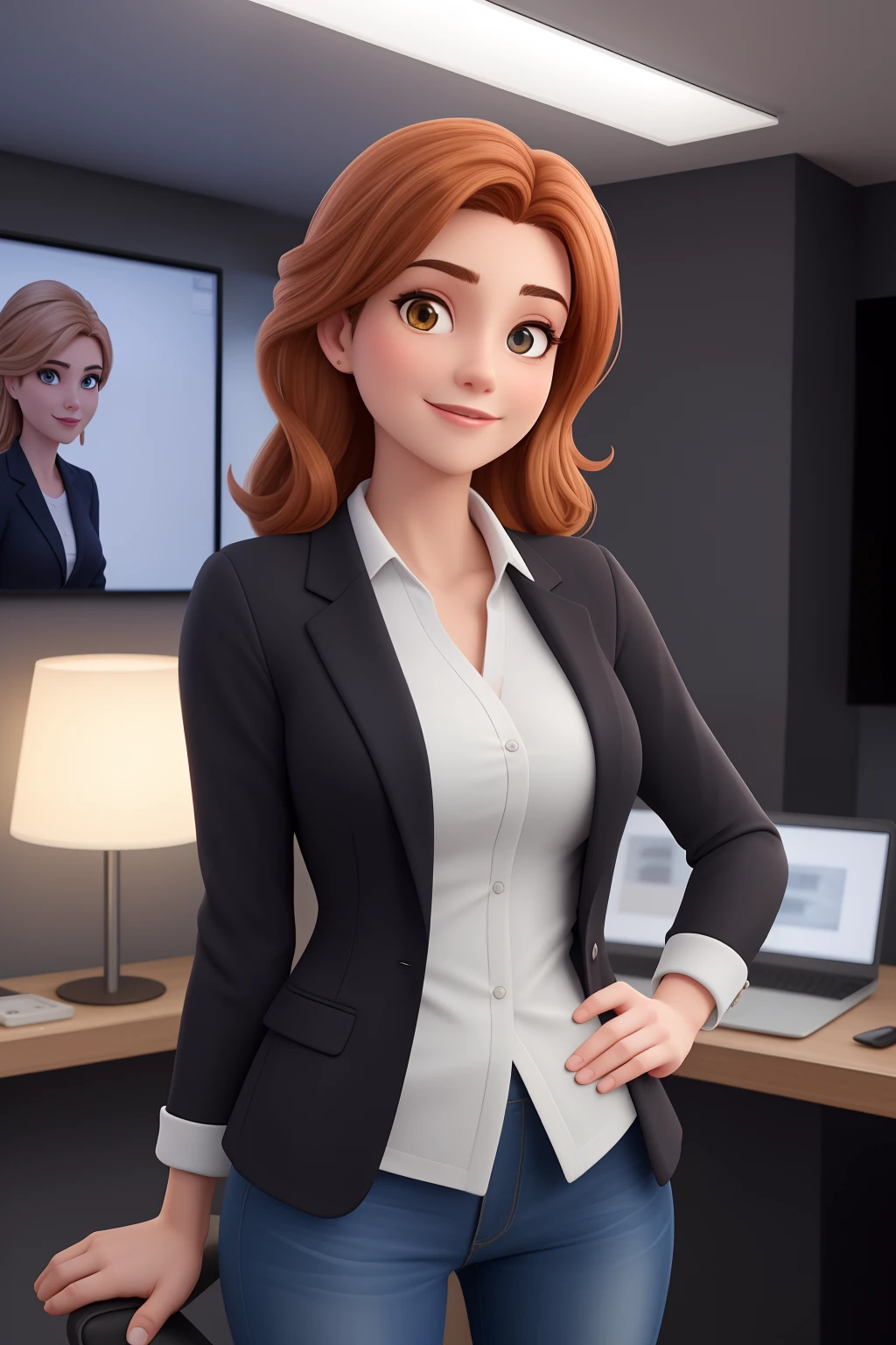 Uma mulher de 37 anos, com longos cabelos pretos iluminada, rosto redondo, sorriso encantador, e olhos castanhos, em sua empresa de tecnologia, studio lighting, sign projetos em tech chamada Get ITalent. Ela veste blazer preto, business woman