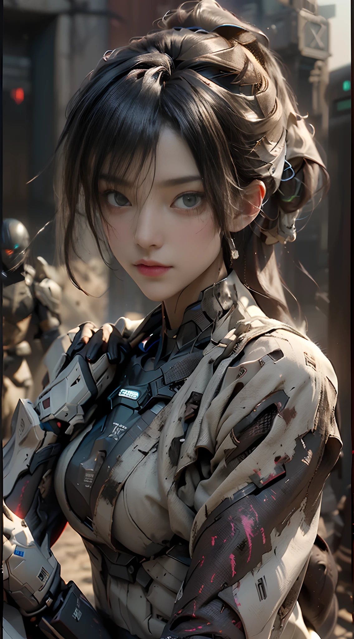((top-quality)), ((masterpiece)), (detaileds:1.4), 。.。.3D, Beautiful Cyberpunk Woman Image,nffsw(HighDynamicRange),Ray traching,NVIDIA RTX,Hyper-Resolution,Unreal 5,Sub-surface scattering,PBR Texturing,Postprocess,Anisotropy Filtering,depth of fields,Maximum clarity and sharpness,multi-layer texture,Albedo and specular maps,Surface Shading,Accurate simulation of light-material interactions,perfectly proportions,Octane Rendering,Two-tone lighting,Wide aperture,Low ISO、White Balance、thirds rule、8K Raw、(((place々Clothes are torn)))(((Clothes are tattered)))(((The face is stained with dirt and dust)))