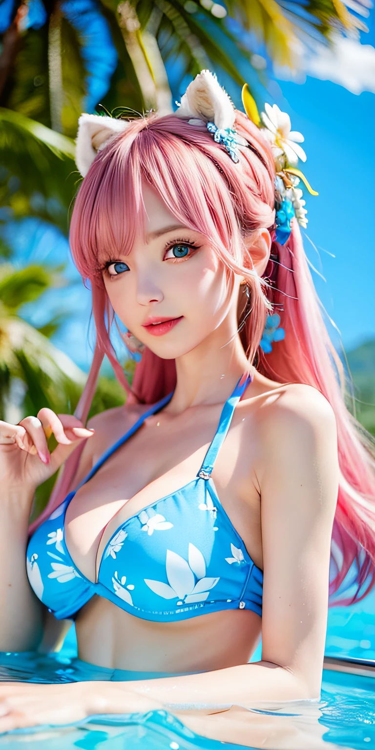 (8K, 4K, Best Quality, High Definition: 1.2), (Masteristic, Realistic, Photoreal: 1.37), 1 girl, Solo, Beautiful face, blue eyess、Eyelashes, Nose, Glossy lips, (Fine eyes, Beholder, Fair skin, White skin: 1.5), fine complexion, Upper body, Swimsuit, maikurobikini、Patterned Bikini
big, Big, (: 1.5),
outdoor bath,
ridiculously long hair, Blonde hair, (Pink hair), Bangs, 2 sides up,
年轻, old, The shape of the fingers is beautiful, Areola visible